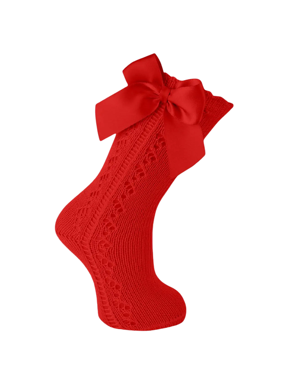Red Yarn Openwork Knee Socks with Bow