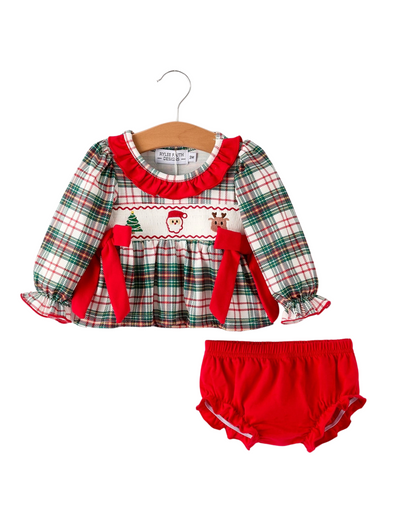 Plaid Smocking Embroidered Girls Bloomers Romper Set