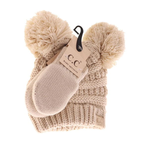 C.C Baby Solid Knit Double Pom Beanie & Mittens Set