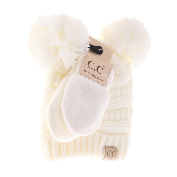 C.C Baby Solid Knit Double Pom Beanie & Mittens Set