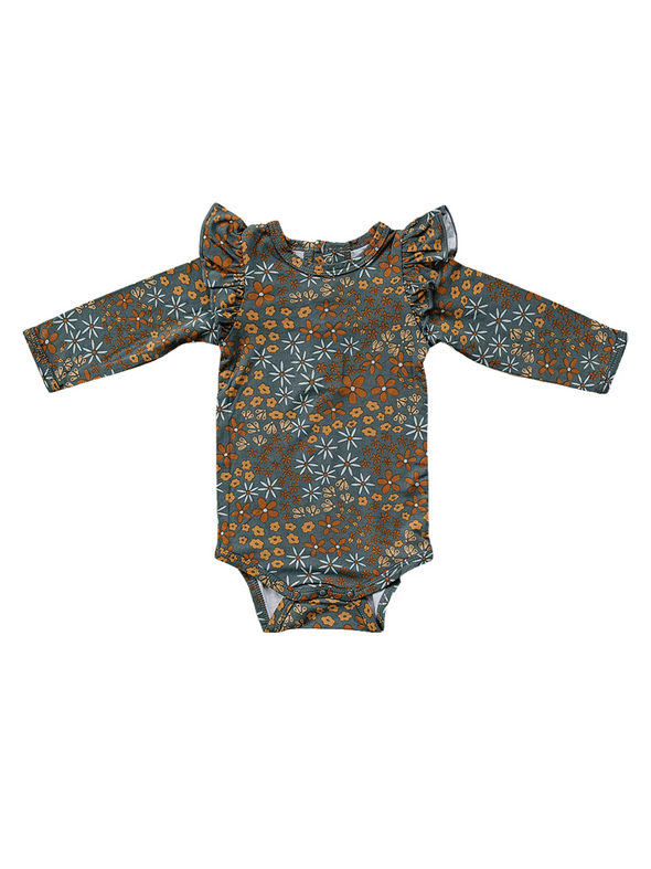 Navy Floral Ruffle Sleeve Bamboo Bodysuit