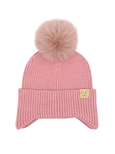 Baby Ear Flap Beanie With Pom Pom