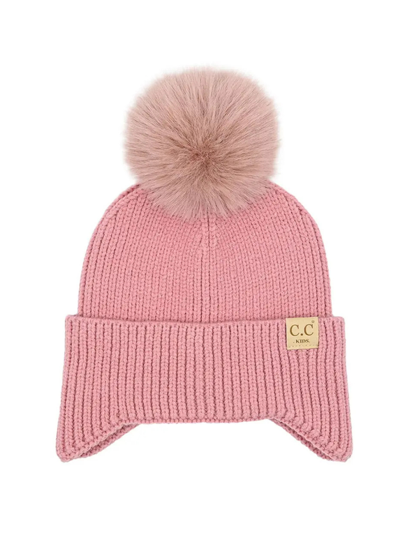 Baby Ear Flap Beanie With Pom Pom
