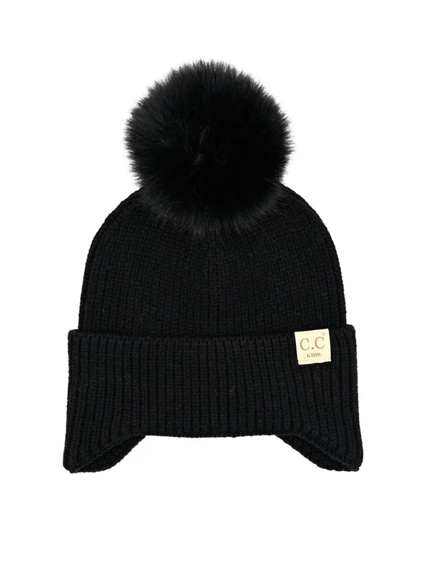 Baby Ear Flap Beanie With Pom Pom