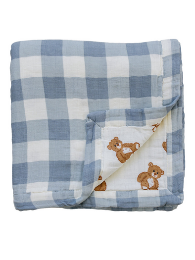 Dusty Blue Gingham + Teddy Bear Muslin Quilt
