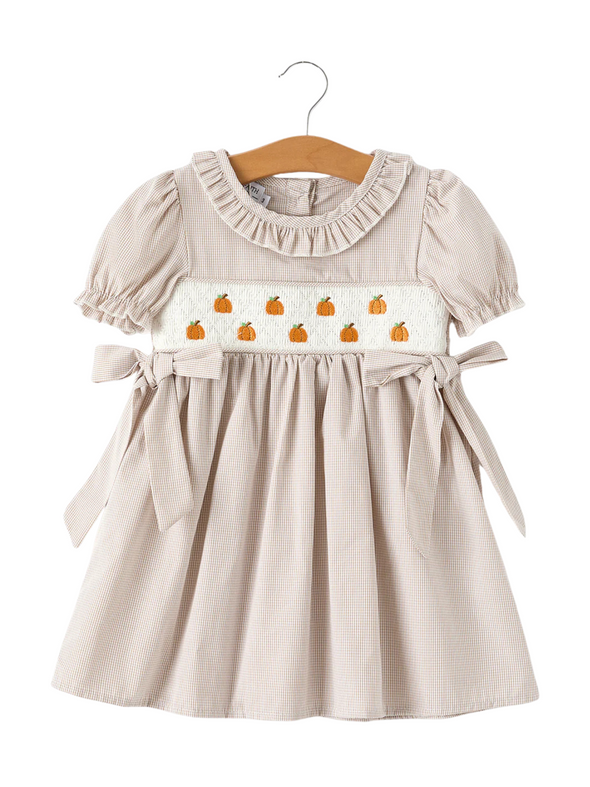 Pumpkin Embroidery Smock Plaid Dress