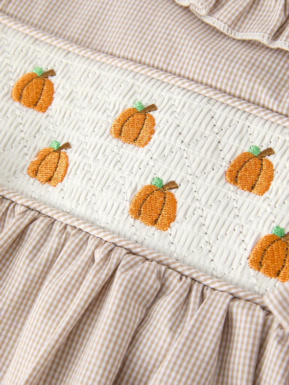Pumpkin Embroidery Smock Plaid Dress
