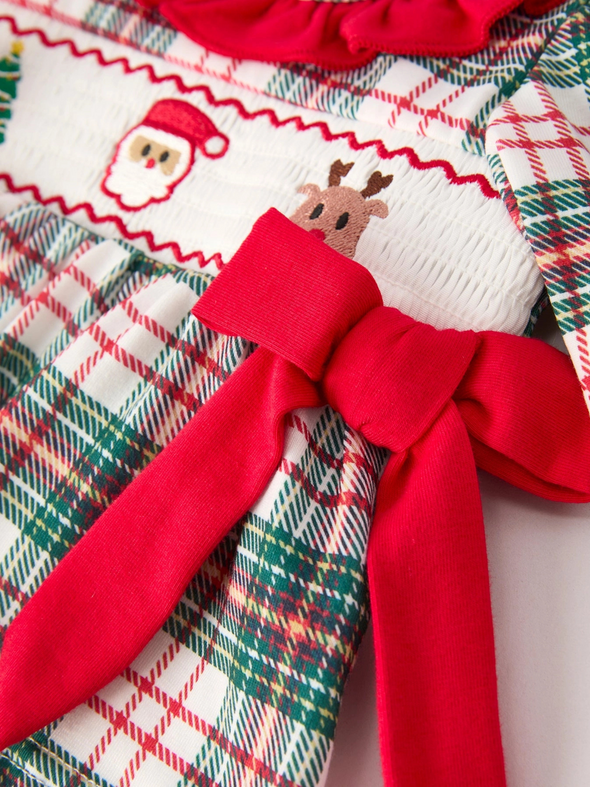 Plaid Smocking Embroidered Girls Bloomers Romper Set