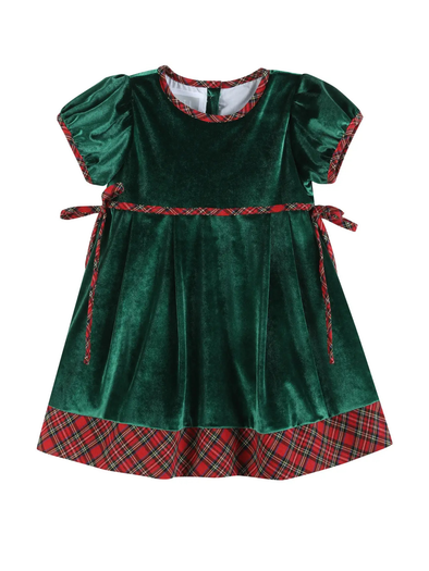 Green Velvet Tartan  Bow Dress