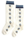 Ivory Denim Floral Knee High Socks