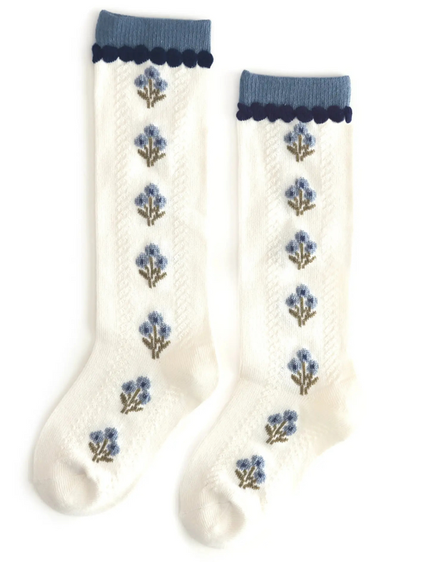 Ivory Denim Floral Knee High Socks
