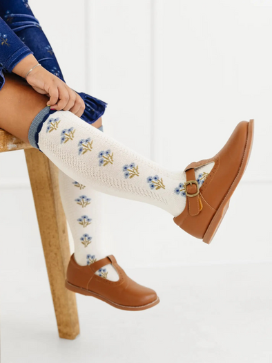 Ivory Denim Floral Knee High Socks