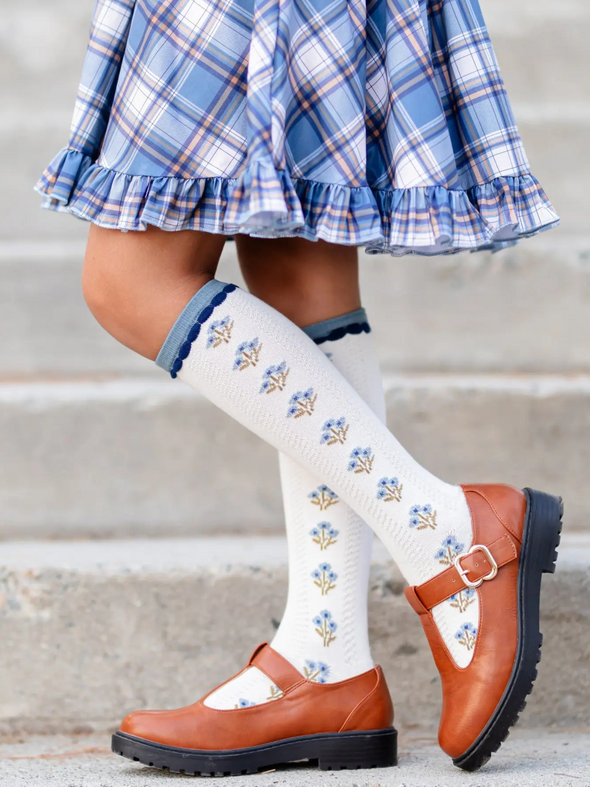 Ivory Denim Floral Knee High Socks