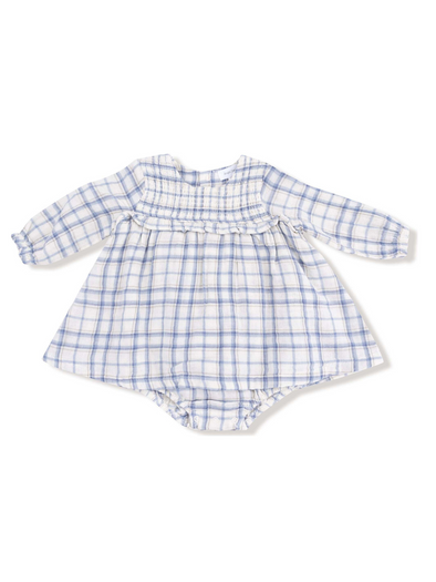 Blue Plaid Smocked Ruffle Bubble