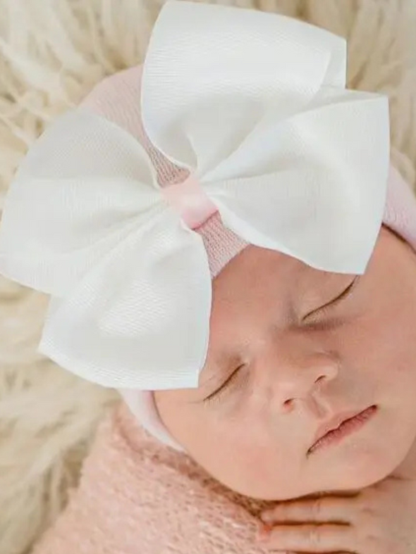 Pink Newborn Hat White Bow