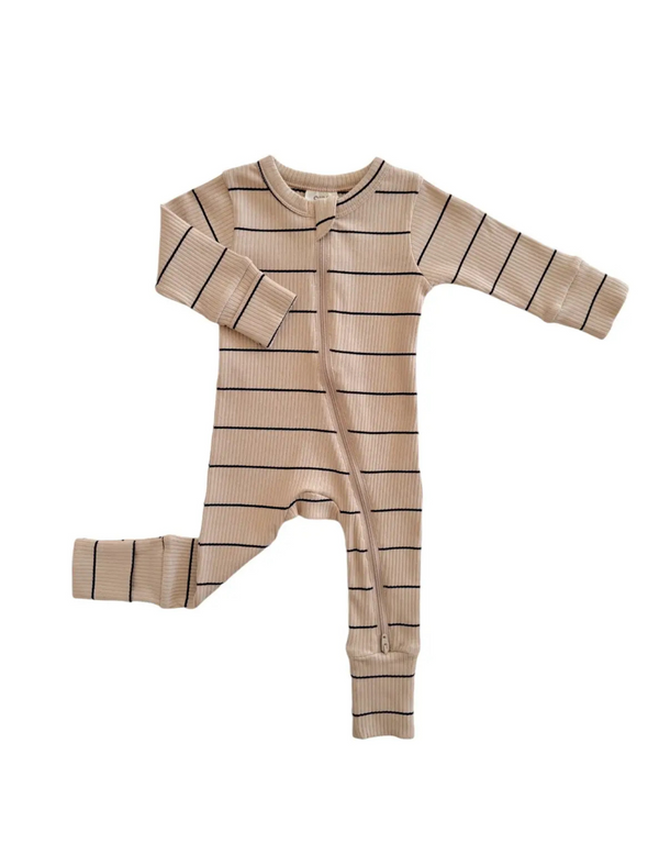 Tan / Black Stripe Organic Ribbed Zip Footie