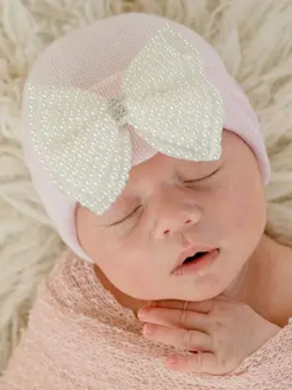 Large Pink Pearl Bow Newborn Hat