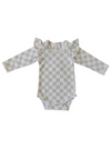Taupe Checkered Ruffle Sleeve Bodysuit