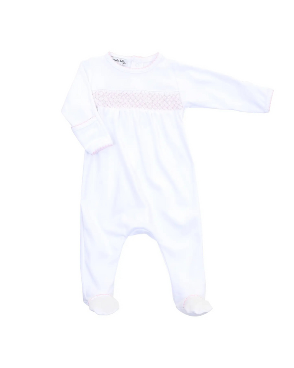 Essentials White with Pink Trim Smocked Footie