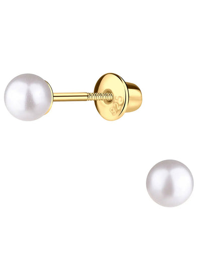 Gold-Plated White Pearl Screw-Back Earrings