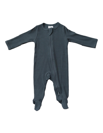 Charcoal Organic Cotton Ribbed Zipper Footie