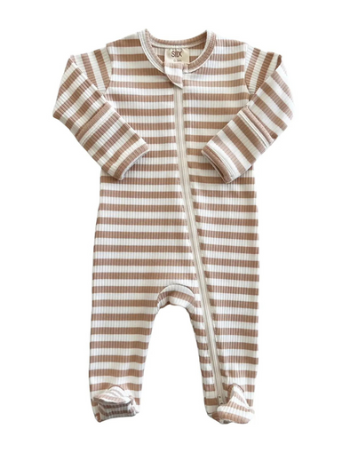 Tan Stripe Organic Ribbed Zip Footie