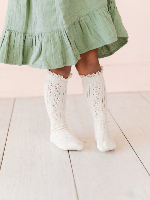 Little Stocking Co. White Fancy Lace Top Knee Highs