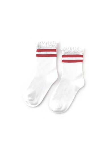 Little Stocking Co. White Lace Top Red Striped Midi Socks