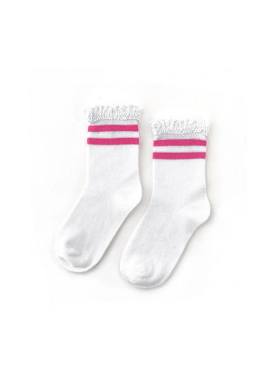 Little Stocking Co. White Lace Top Pink Striped Midi Socks